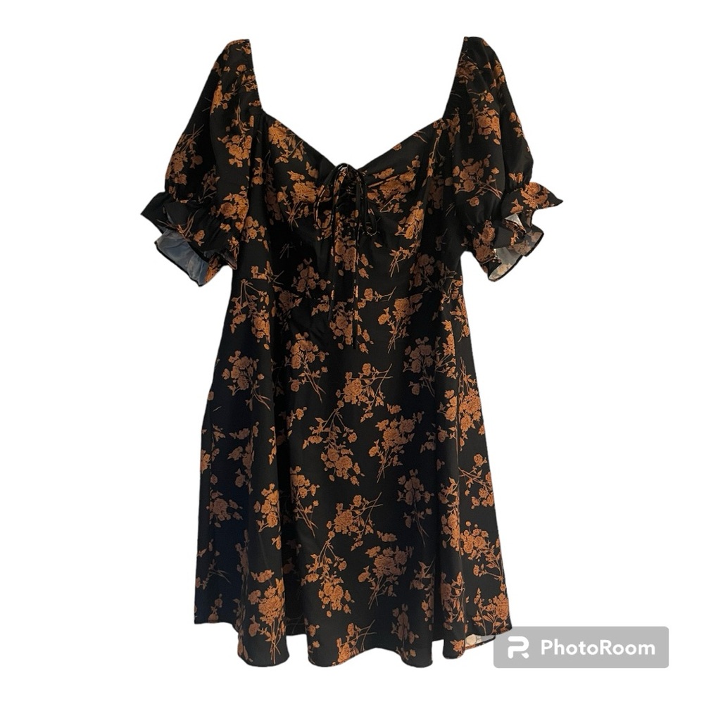 SHEIN Curve Short Milkmaid Dress in Black with Orange Flowers - Size 4XL/20